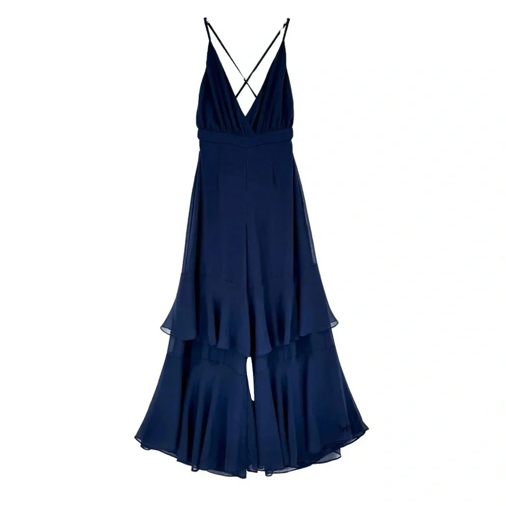 Fame & Partners‎ NWT XS Jumpsuit Navy Tiered Ruffle Wide Leg V-Neck Open Back